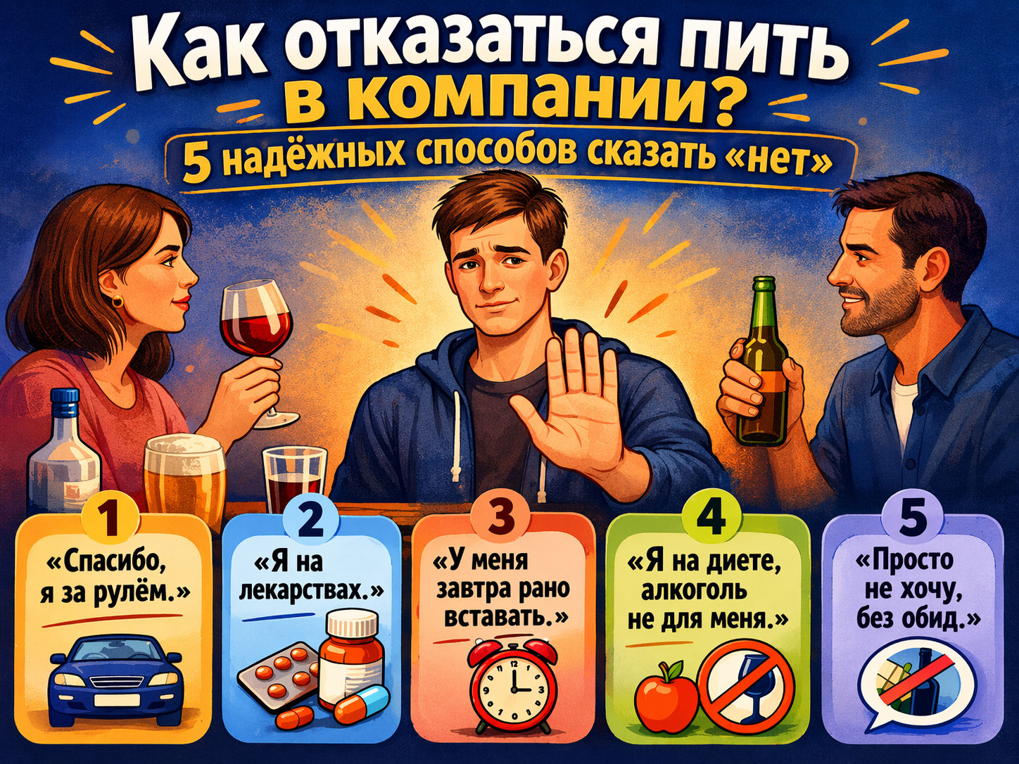 Человек отказывается от алкоголя в компании друзей